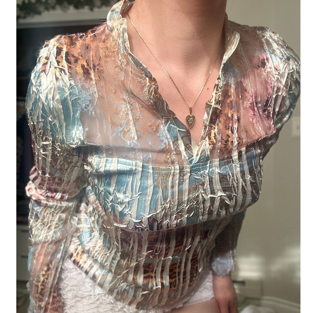 Vintage 90s Y2K Komarov Leopard Print Floral Lace Sheer Cutout Long Sleeve Top